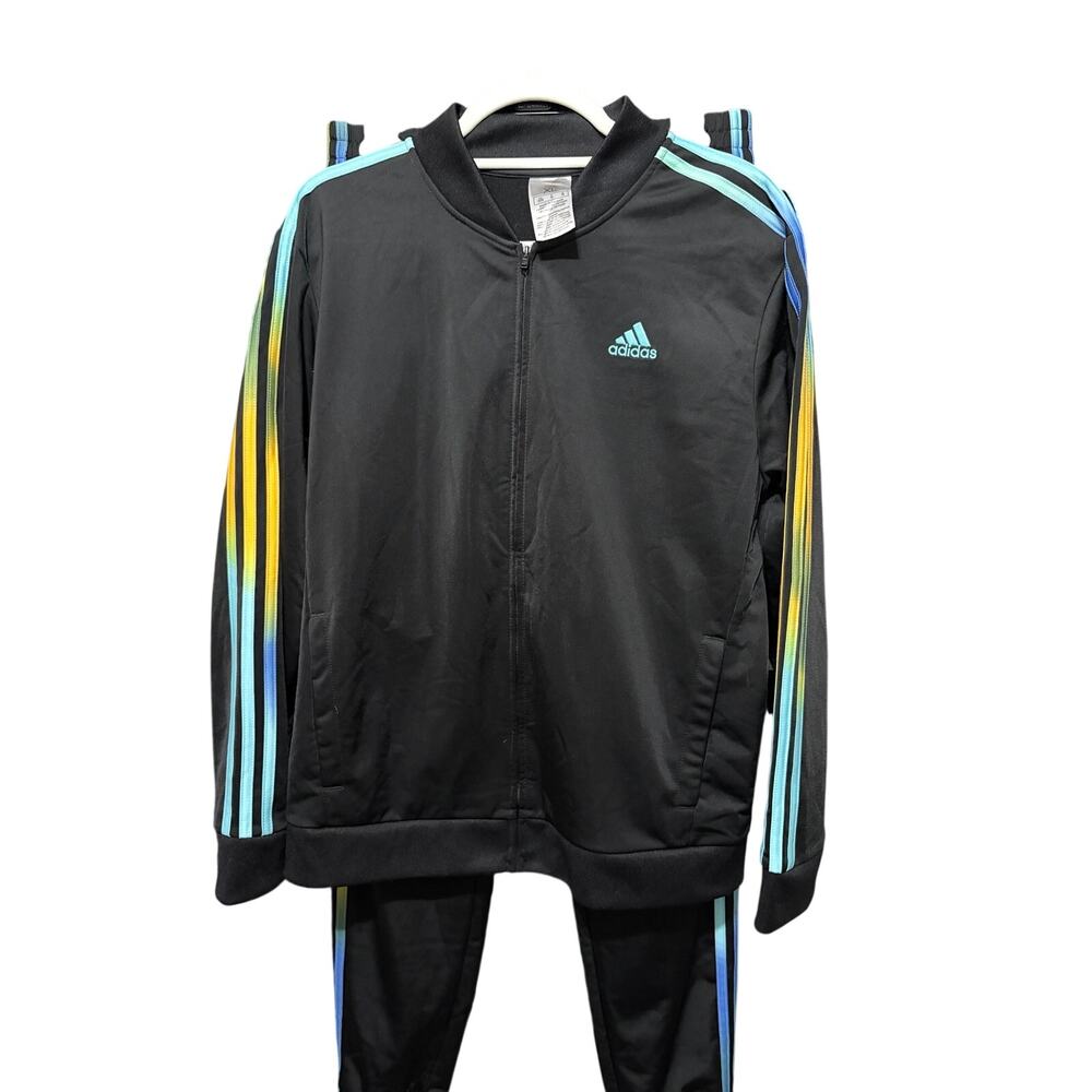 Adidas Youth XL 18/20 Black Tracksuit Set Multi Color 3 Stripe Jacket & Pants